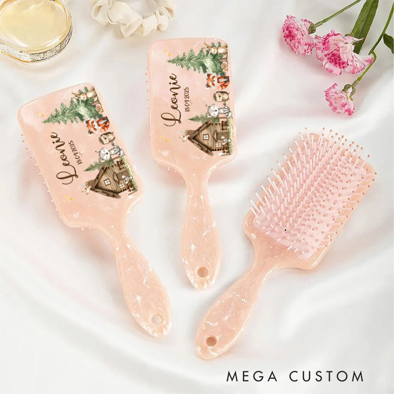 Personalized Woodland Hair Brush with Custom Name and Date Featuring Cozy Cabin and Forest Animals Design Hair Brush
