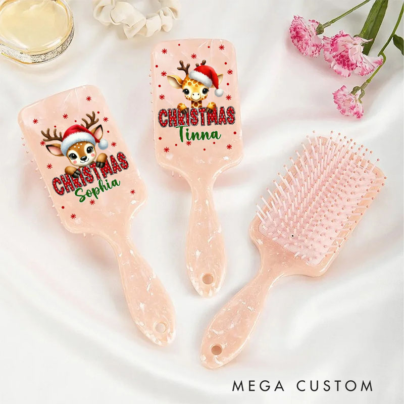 Personalized Reindeer Hair Brush with Custom Name and Festive Christmas Design for Kids and Holiday Cheer Hair Brush