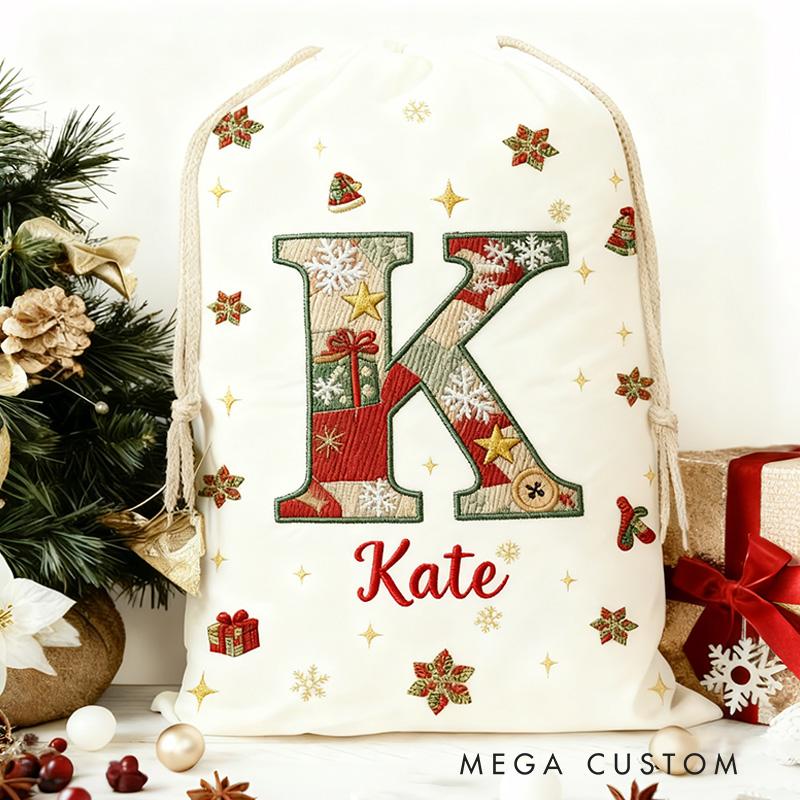 Personalized Initial Christmas Bag with Custom Name and Festive Imitation Embroidery Effect Style Design for Holiday Gifts Christmas Bag