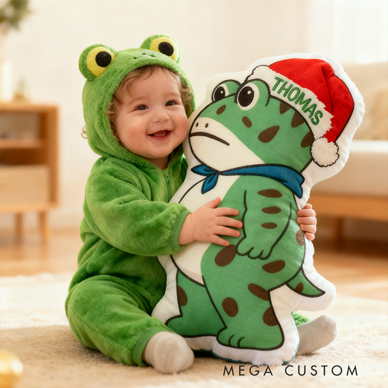 Personalized Frog Pillow with Custom Name and Festive Santa Hat Design for Kids and Playful Holiday Decor Pillow