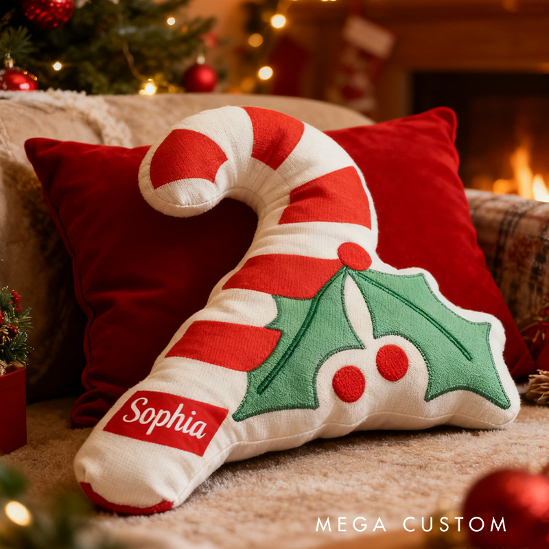 Personalized Candy Cane Pillow with Custom Name and Festive Holly Design for Holiday Decor and Seasonal Cheer Pillow