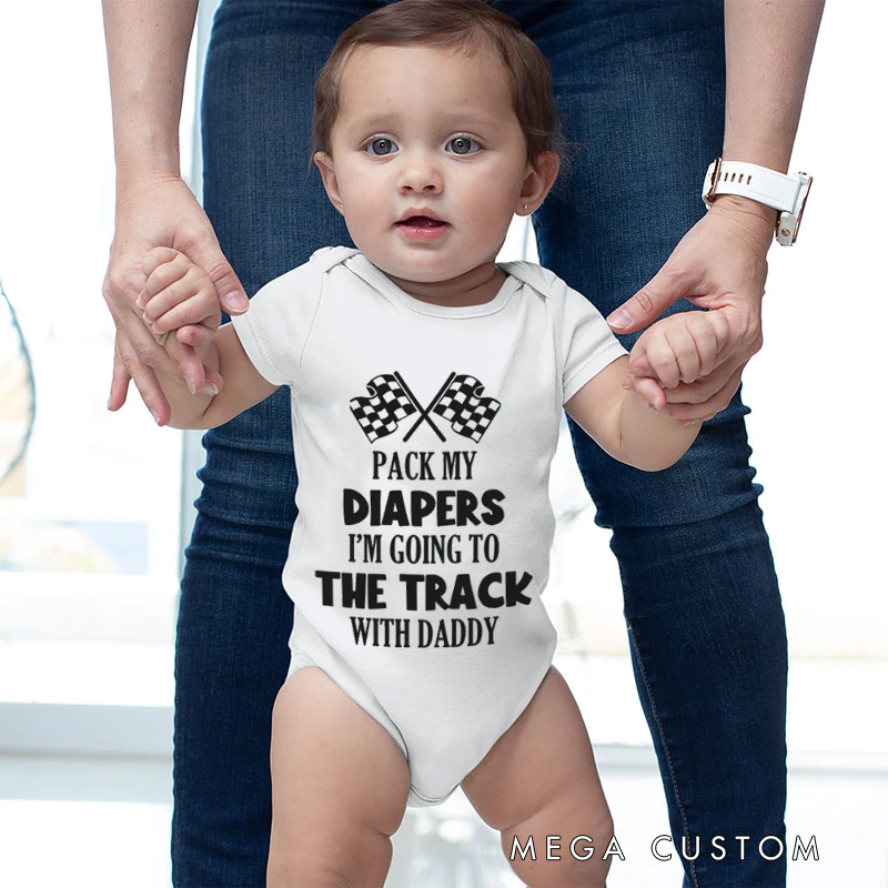 Personalized Racing Baby Bodysuit with Checkered Flags and Fun Quote for Little Speedsters and Track Adventures Baby Bodysuit