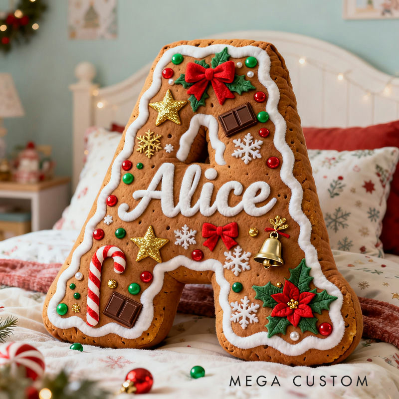 Personalized Gingerbread Letter Christmas Name Custom Kids Gift Festive Cozy Sweet Decorative Pillows