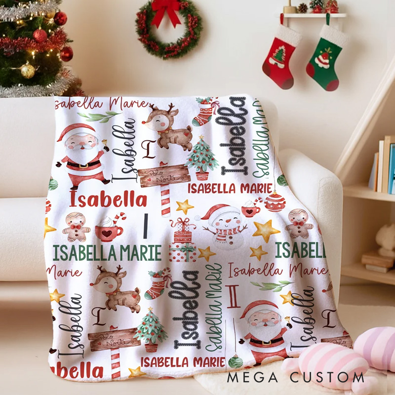 Personalized Cute Snowman Santa Claus Christmas Theme Soft Throw Blanket with Name Home Decor Christmas Gift for Kids Family