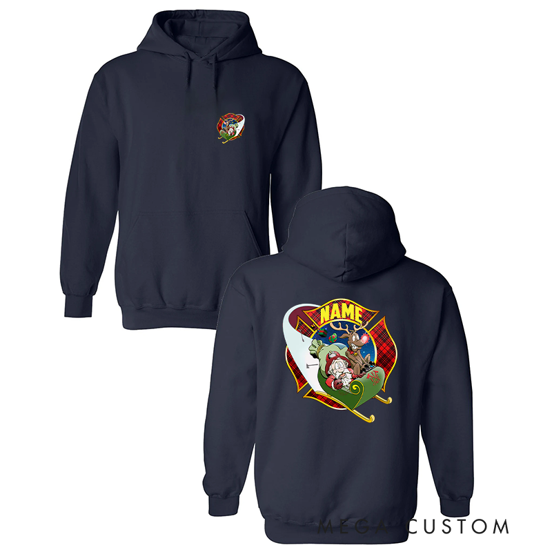 Personalized Firefighter Christmas Hoodie Custom Name Festive Shield Design Gift for Christmas Holiday 