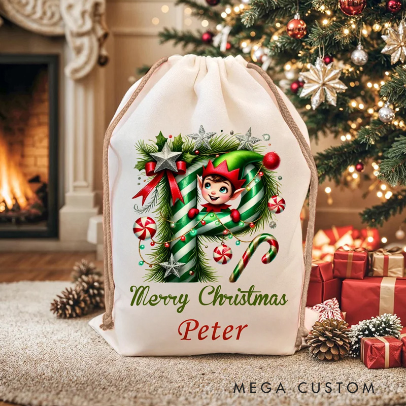 Personalized Merry Christmas Cute Elf Canvas Drawstring Gift Bag with Name and Initial First Christmas Party Favors for Kids Family