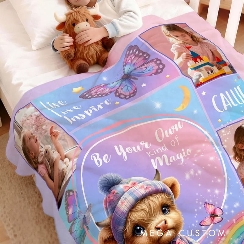 Personalized Floral Highland Cow Butterfly Soft Throw Blanket with Name and Photos Home Decor Baby Shower Birthday Gift for Girls