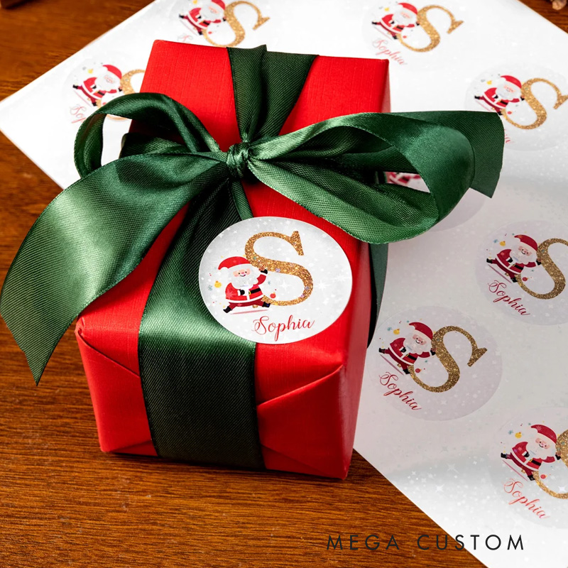 Personalized Santa Claus Initial Glitter Waterproof Stickers Labels with Name Gift Decor Christmas Party Favors for Family Friends