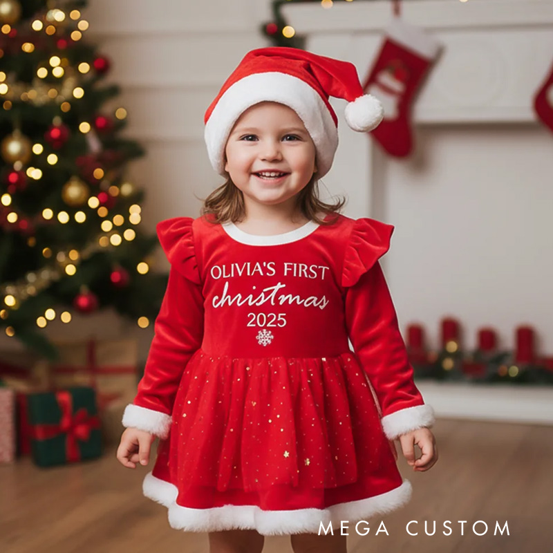Personalized Baby Girl Red Tutu Dress Bow Headband Outfit with Name and Year Holiday Party Outfit Christmas Gift for Baby Girls