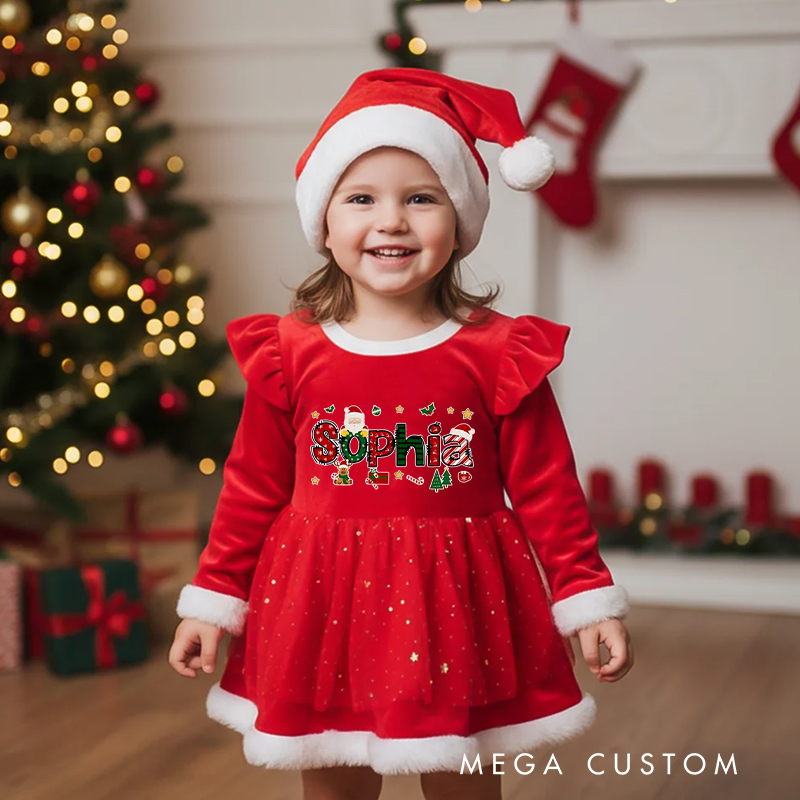 Personalized Baby Girl Name Custom Holiday Outfit Merry Christmas Cute Santa Style Festive Party Adorable Winter Celebration Red Tutu Dress