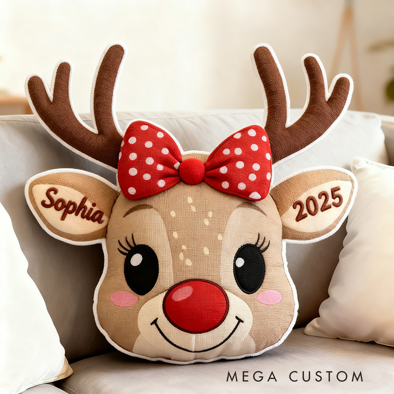 Personalized Cute Reindeer Face with Red Bow Custom Name and Year Soft Holiday Decoration Cozy Christmas Gift Plush Pillow