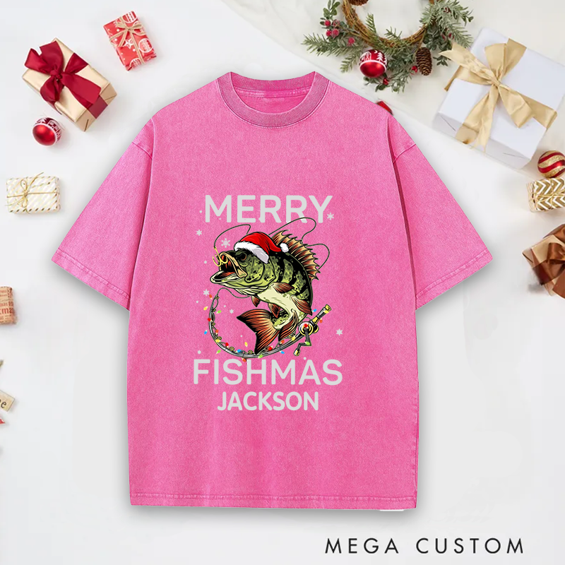 Personalized Fishing T-Shirt Merry Fishmas T-Shirt Funny Fishing Sweatshirt Christmas Gifts Ideal Gift for Fishing Lovers
