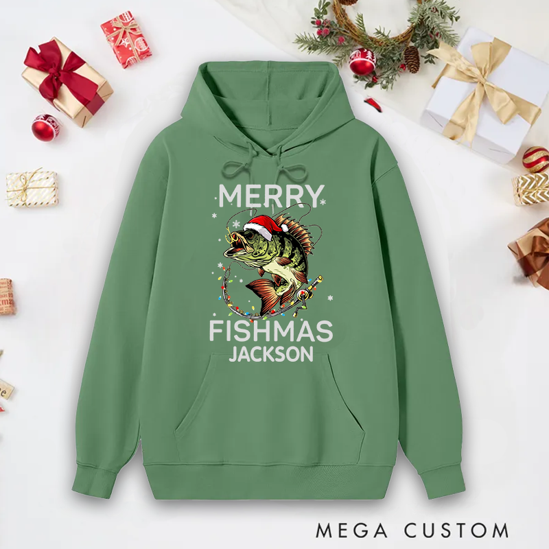 Personalized Fishing Hoodie Merry Fishmas Hoodie Funny Fishing Sweatshirt Perfect Gift for Fishing Enthusiasts
