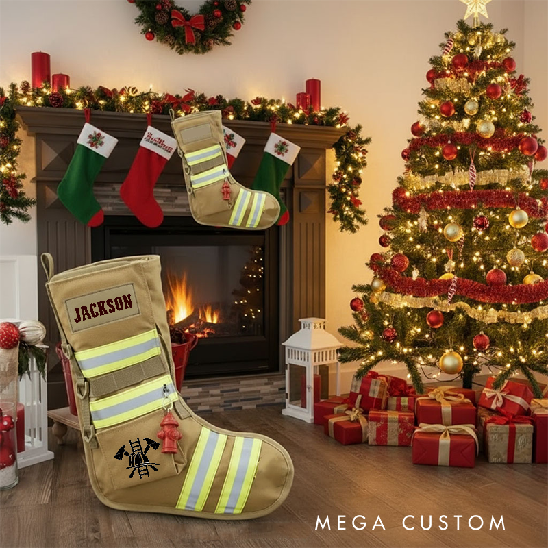 Personalized Firefighter Christmas Stocking with Custom Name Reflective Stripes and Firefighter Symbol Perfect Holiday Gift