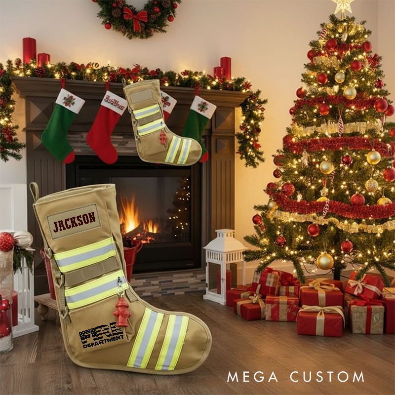Personalized Firefighter Christmas Stocking with Custom Name Reflective Stripes and Fire Department Logo Perfect Holiday Gift