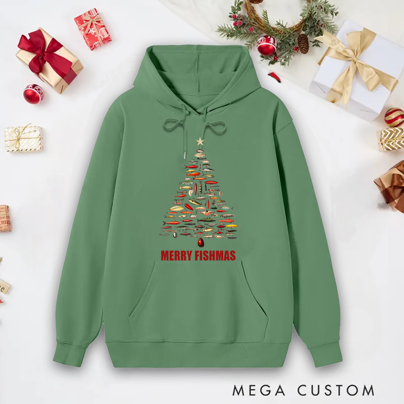 Personalized Fishing Christmas Tree Hoodie Fishing Lure Christmas Tree Hoodie Christmas Tree Sweatshirt Cozy Holiday Gift for Anglers
