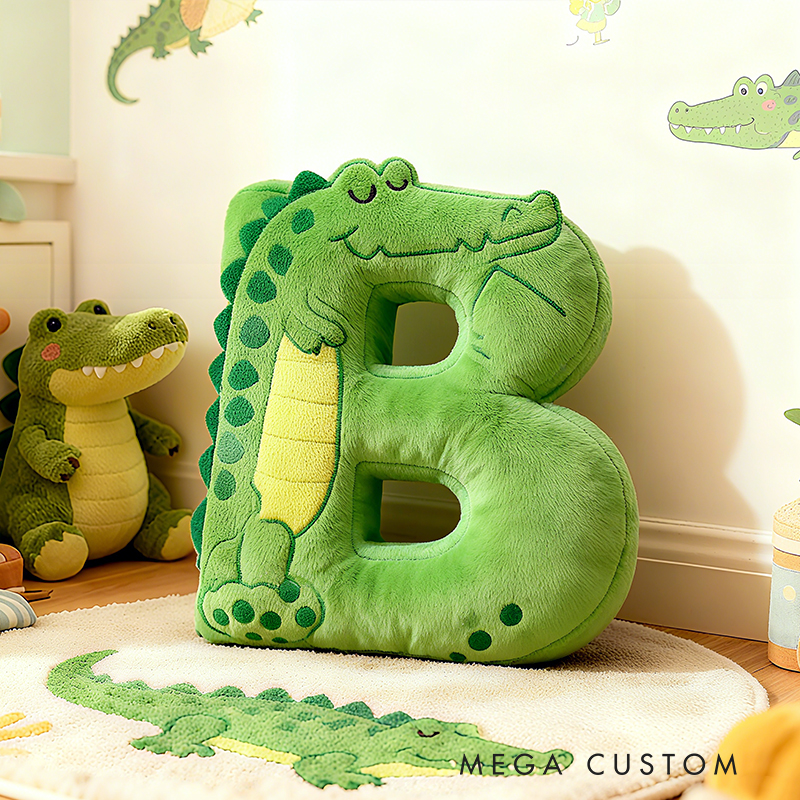 Personalized Green Crocodile Letter Initial Custom Name Soft Decorative Gift Fun Boys Room Jungle Animal Alphabet Graphic 3D Print Pillow