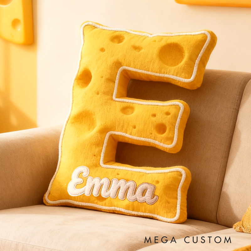 Personalized Yellow Cheese Letter Initial Custom Name Soft Decorative Gift Fun Kitchen Theme Kids Room Alphabet Shape Graphic 3D Print Pillow
