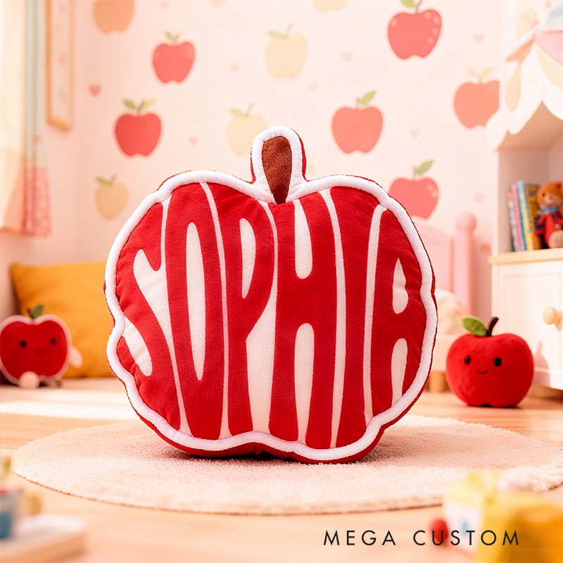 Personalized Red Apple Shape Custom Name Soft Decorative Gift Cute Nursery Classroom Fruit Style Cozy Kids Room Graphic 3D Print Pillow