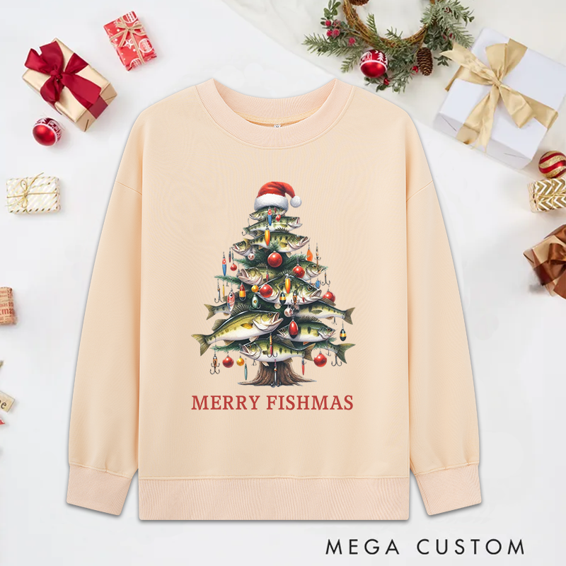 Personalized Festive Fish Tree Bass Sweatshirt Fisherman Christmas Tree Sweatshirt Cozy Funny Fishing Gift Holiday Gift for Fishing Enthusiasts