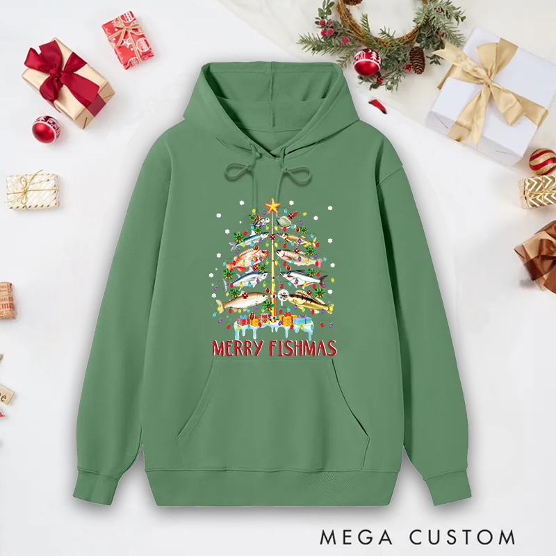 Personalized Funny Fishing Hoodie Colorful Fish Tree Hoodie Christmas Fishing Hoodie Cozy Holiday Wear for Fishing Lovers