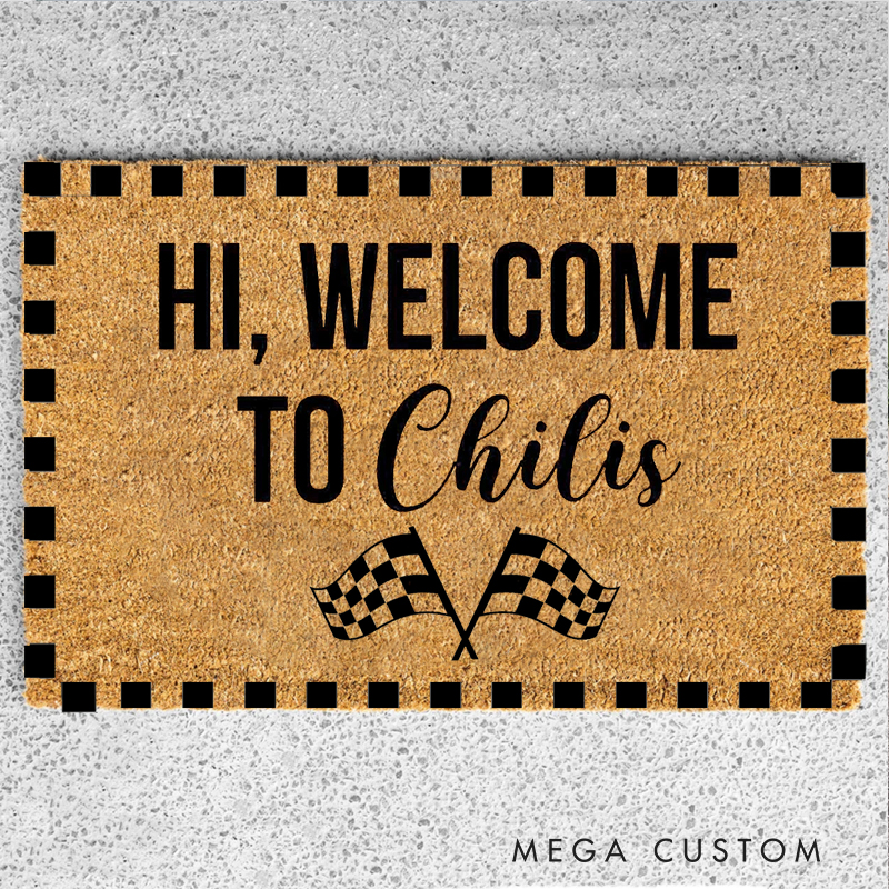 Personalized Racing Theme Doormat Custom Name Checkered Flag Welcome Mat Gift for Car Lovers and Motorsport Families