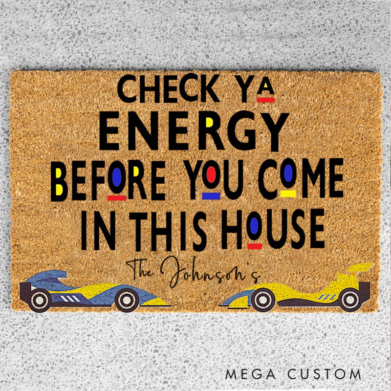 Personalized Funny Racing Doormat Custom Name Check Your Energy Welcome Mat for Car Lovers and Motorsport Families