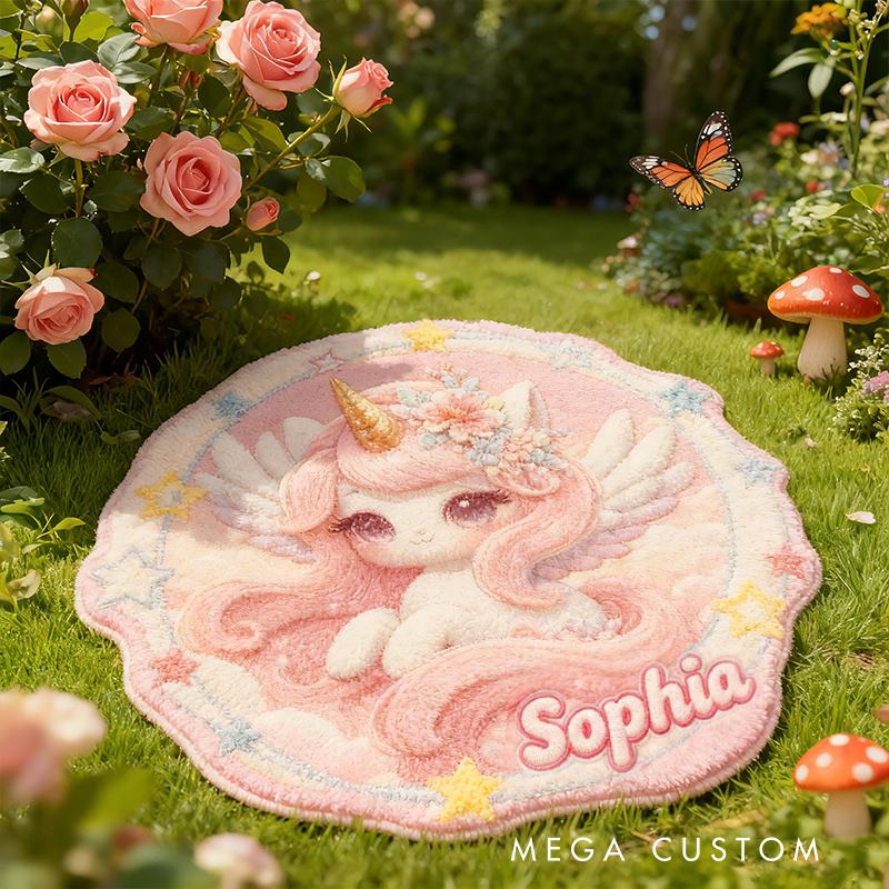 Personalized Pink Pegasus Custom Name Soft Decorative Gift Magical Princess Style Cozy Nursery Room Dream Star Fairy Tale Doormats
