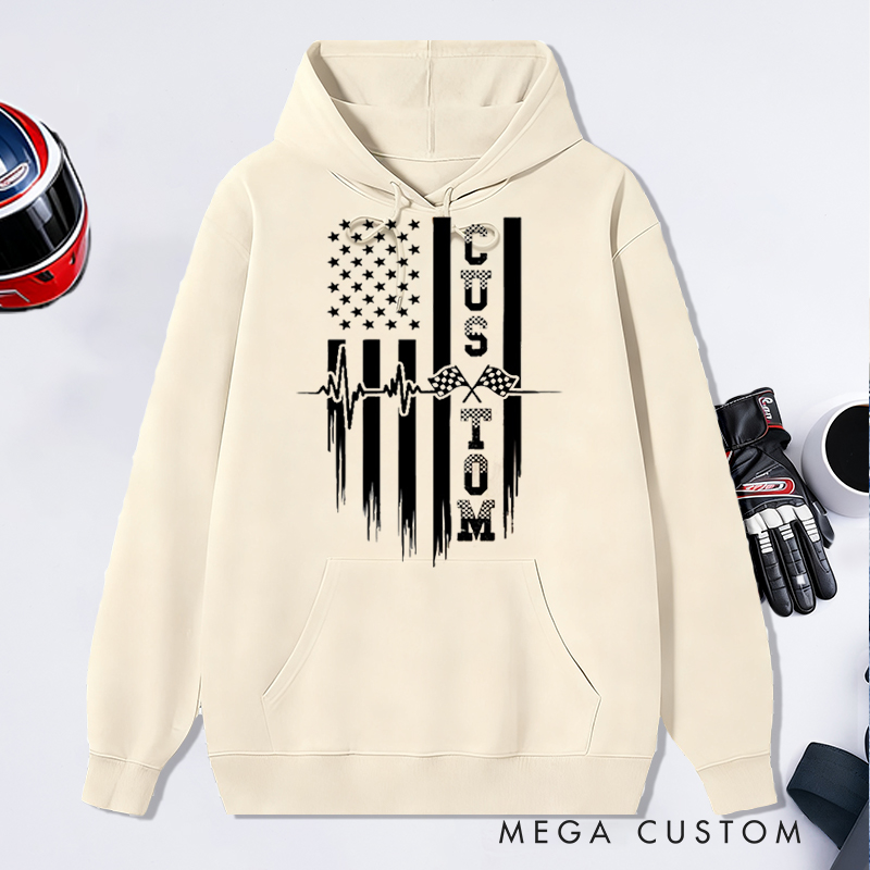Personalized Racing Hoodie Custom Text Heartbeat Checkered Flag American Flag Sweatshirt for Car Lovers