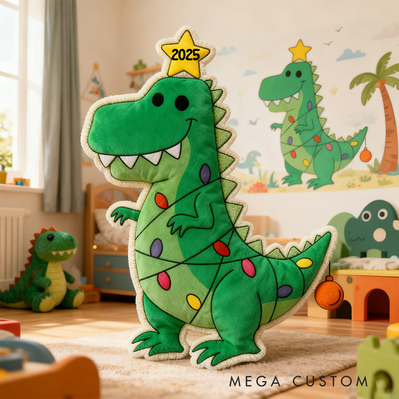 Personalized Christmas Dinosaur Light Custom Name Soft Decorative Gift Fun Holiday Style Cozy Kids Room Green Joyful Festive Magic Graphic 3D Print Pillow