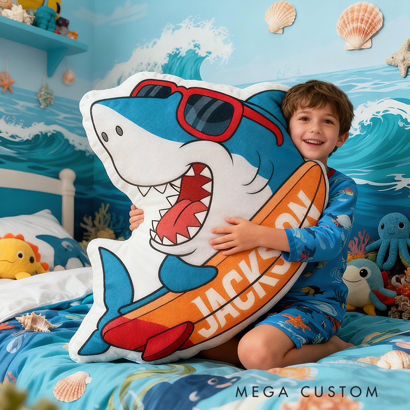 Personalized Cool Shark Surfboard Custom Name Soft Decorative Gift Summer Beach Style Fun Ocean Adventure Blue Waves Outdoor Vibe Graphic 3D Print Pillow