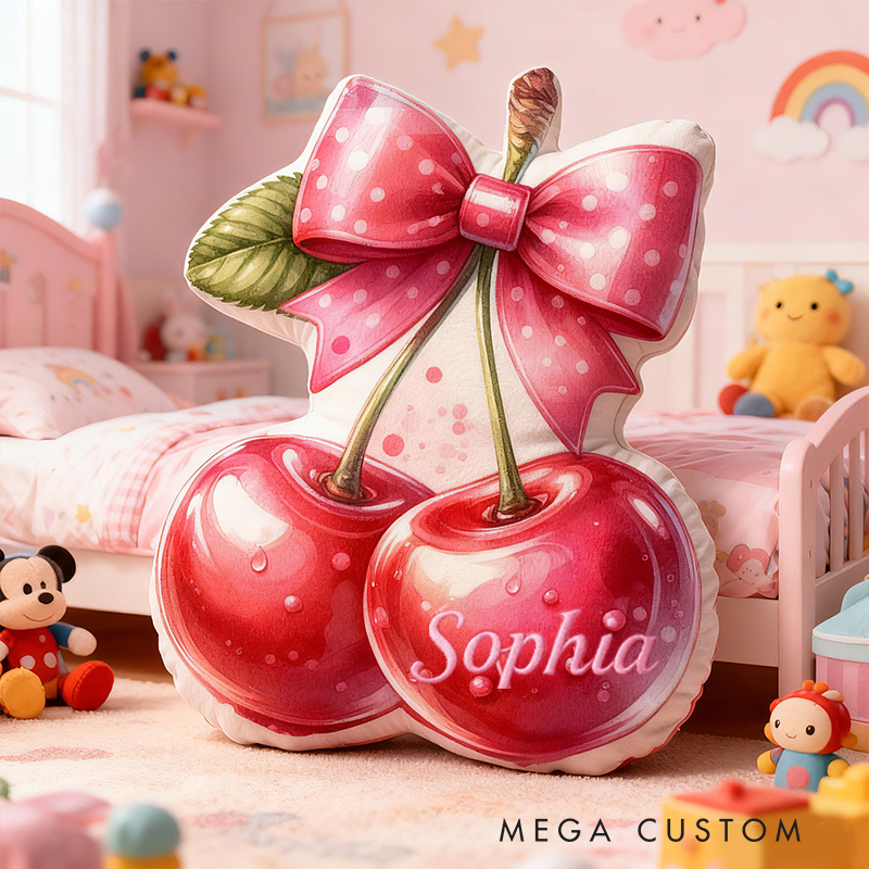 Personalized Cherry Bow Fruit Custom Name Soft Decorative Gift Sweet Princess Style Cozy Bedroom Pink Lovely Fresh Fun Magic Graphic 3D Print Pillow