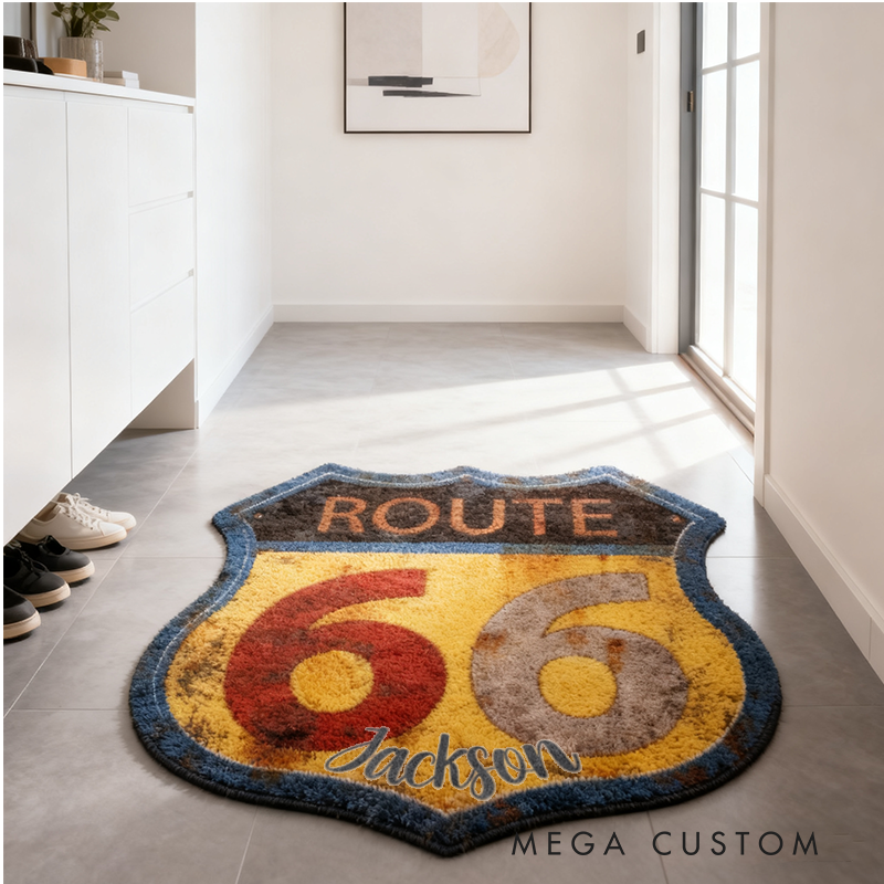 Personalized Route 66 Themed Rug with Custom Name Retro Style Home Decor