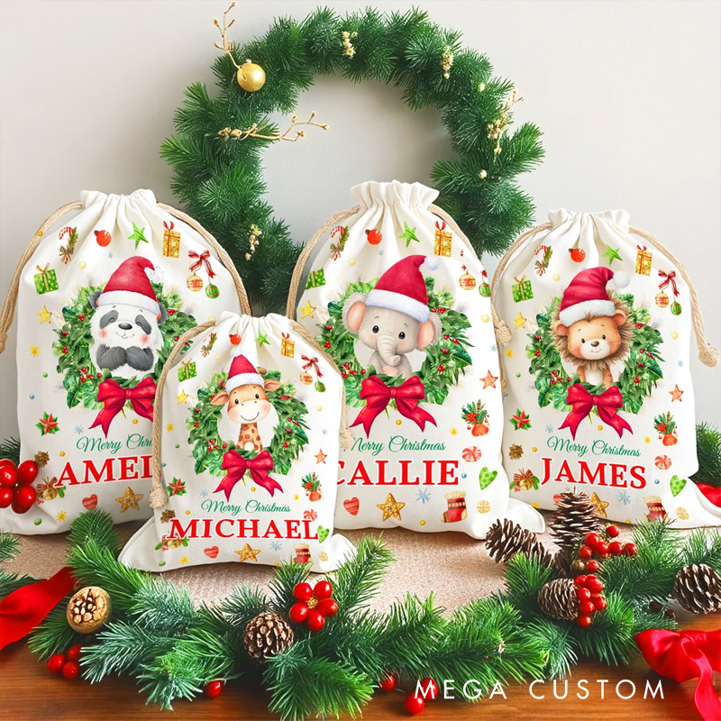 Personalized Cute Cartoon Christmas Animal Wreath Drawstring Christmas Gift Bag with Name Christmas Eve Party Gift for Kids Family Friends