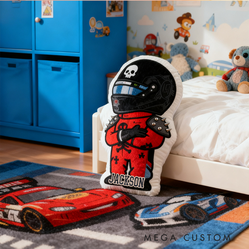 Personalized Vehicle Racing Driver Shaped Pillow with Skull Design and Custom Name Unique Gift for Kids