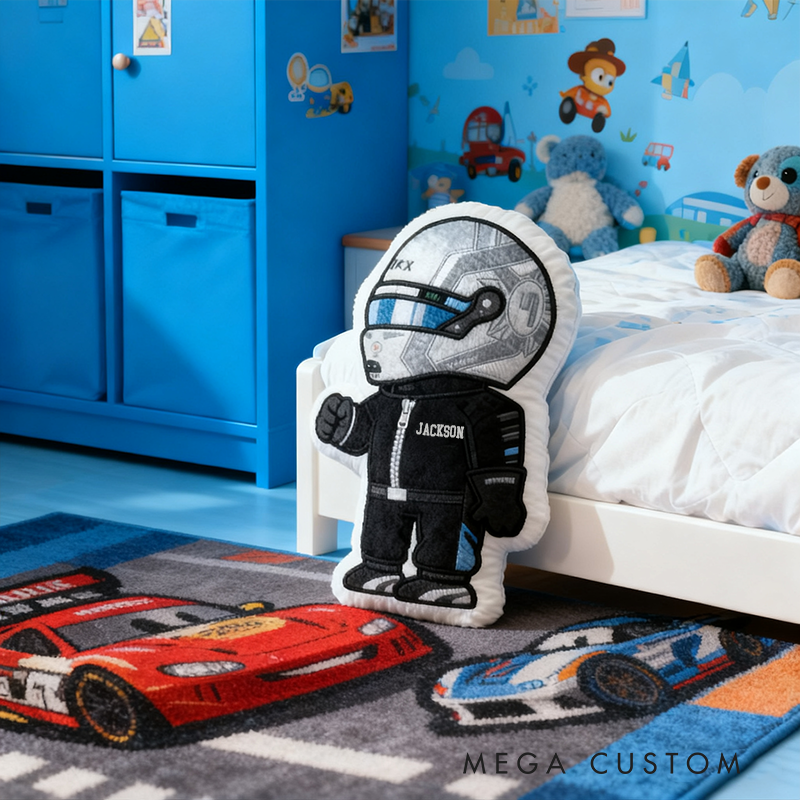 Personalized Vehicle Racing Driver Shaped Pillow with Sleek Black Design and Custom Name Unique Gift for Kids