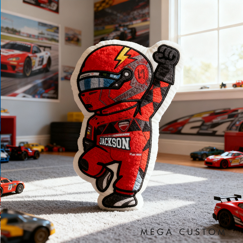 Personalized Vehicle Racing Driver Shaped Pillow with Red Lightning Design and Custom Name Unique Gift for Kids