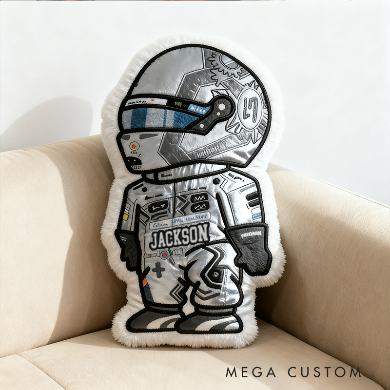 Personalized Vehicle Racing Driver Shaped Pillow with Silver Design and Custom Name Unique Gift for Kids