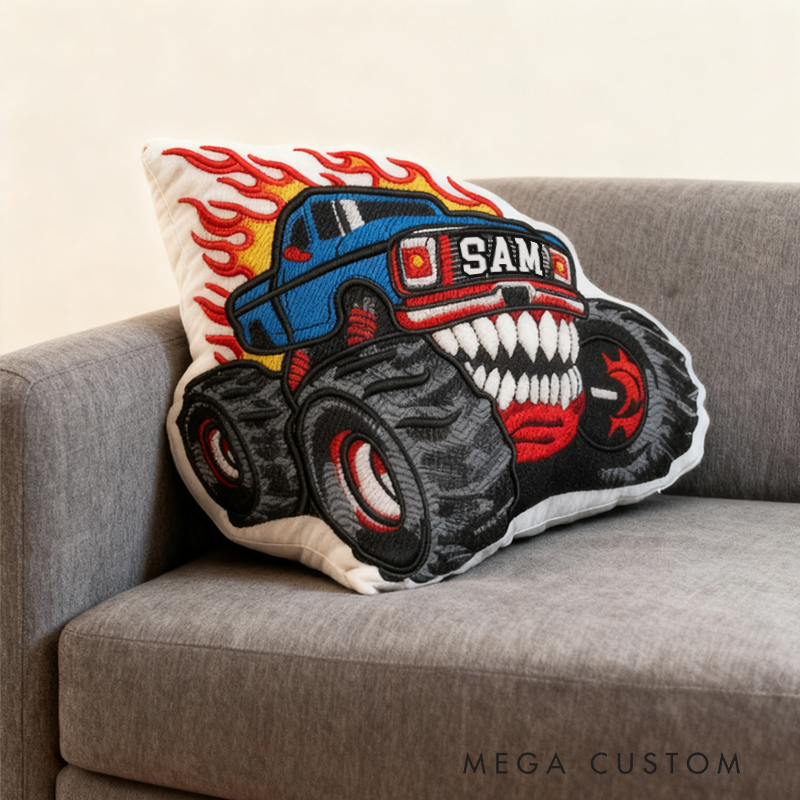 Personalized Monster Truck Shaped Pillow with Flame Design and Custom Name Unique Gift for Kids