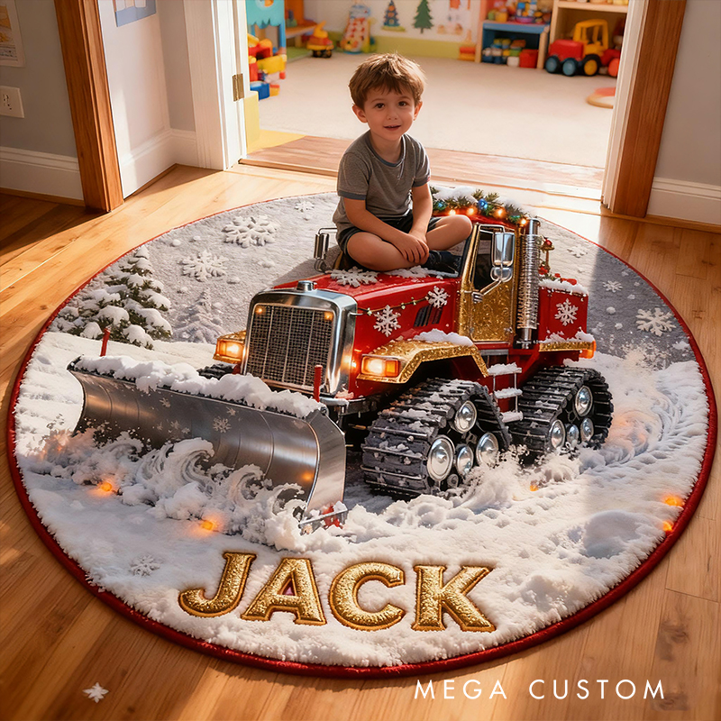 Personalized Christmas Truck Custom Name Snow Plow Festive Holiday Style Cozy Winter Home Decor Red Vehicle Fun Joyful Gift Warm Welcome Entryway Doormats