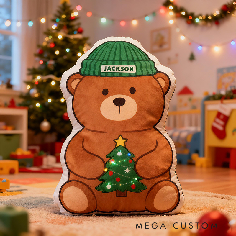 Personalized Christmas Bear Custom Name Soft Decorative Gift Festive Holiday Style Cozy Nursery Warm Tree Hat Cute Joyful Winter Magic Graphic 3D Print Pillow