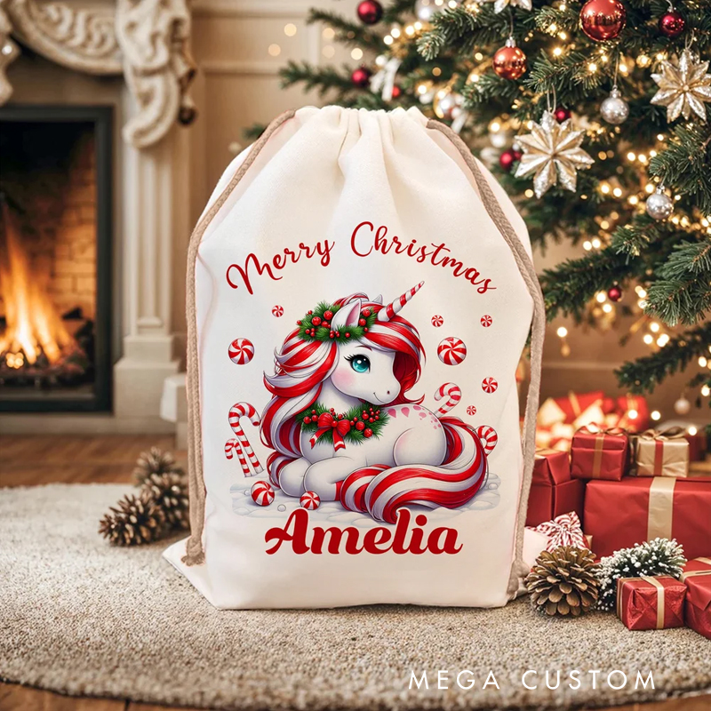 Personalized Merry Christmas Fantasy Dream Horse Drawstring Gift Bag with Name Christmas Eve Party Favors for Girls Boys Kids