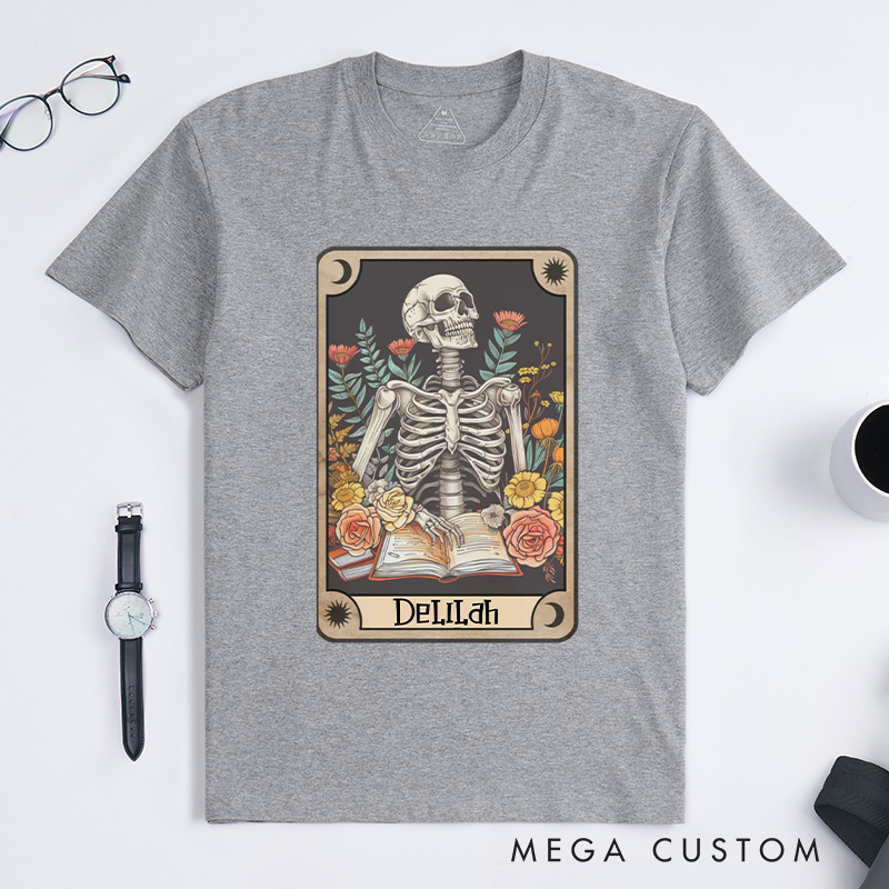 Personalized The Reader Tarot Card Classic T-Shirts Skeleton Reading Shirt Unisex Tarot Card Shirt Book Lover Gift Bookish Gift