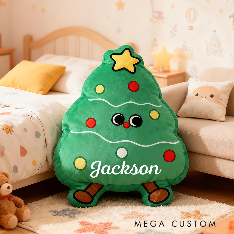 Personalized Christmas Tree Custom Name Soft Decorative Gift Festive Holiday Style Cozy Nursery Cute Bright Star Warm Lights Joyful Baby Room Cheerful Graphic 3D Print Pillow