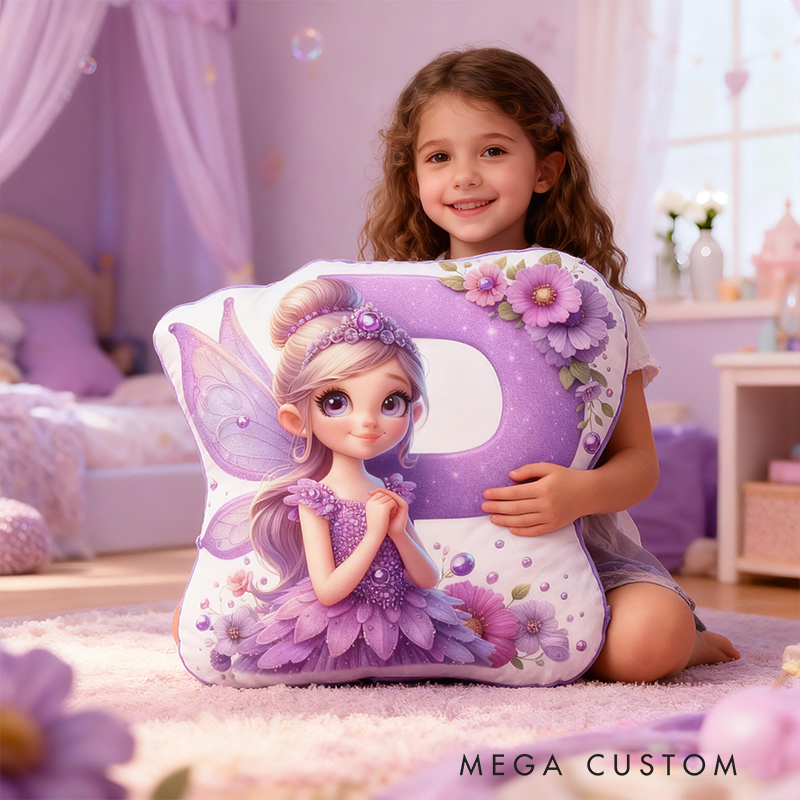 Personalized Fairy Letter Custom Name Soft Decorative Gift Magical Fantasy Style Cozy Bedroom Purple Flower Sparkle Dream Lovely Wings Enchanted Night Graphic 3D Print Pillow