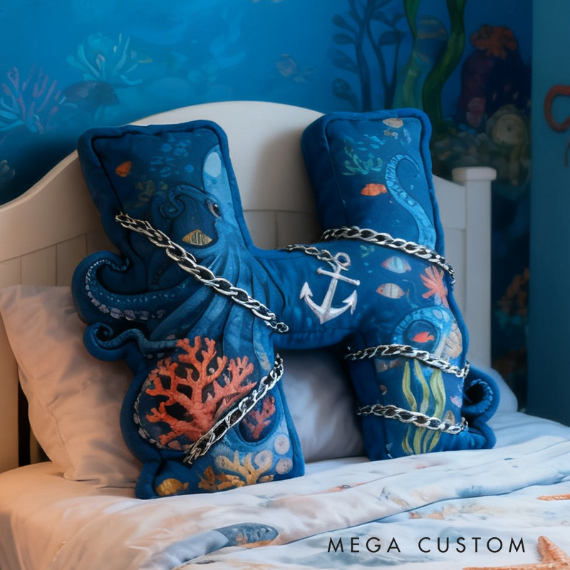 Personalized Ocean Letter Custom Name Soft Decorative Gift Underwater Sea Style Cozy Bedroom Blue Coral Octopus Anchor Fish Waves Marine Adventure Graphic 3D Print Pillow