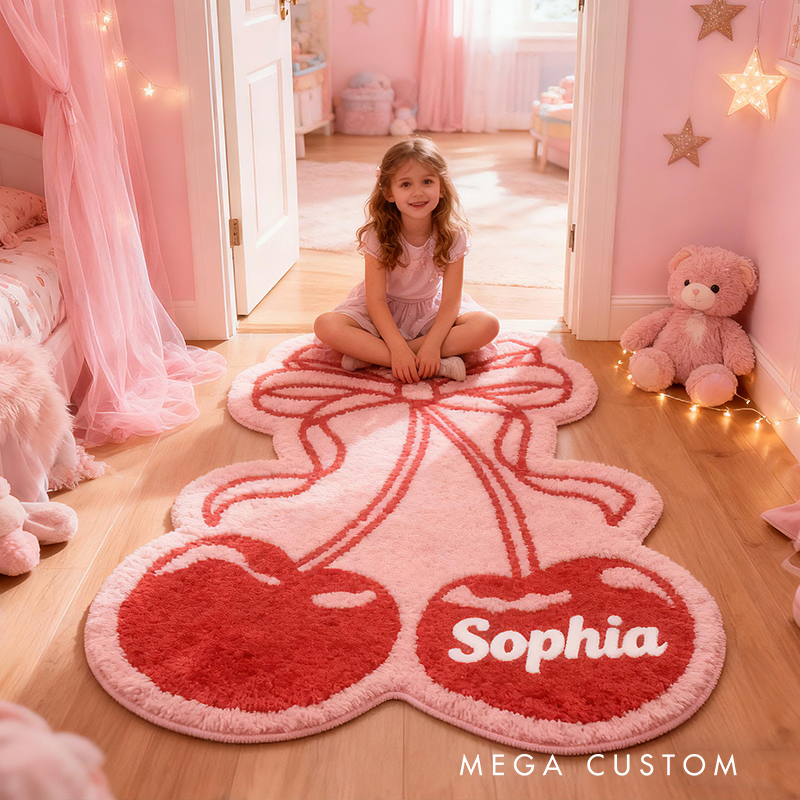 Personalized Cherry Bow Custom Name Soft Decorative Gift Sweet Pink Style Cozy Bedroom Cute Fruit Heart Lovely Girl Room Warm Welcome Entry Graphic Rug for Kids
