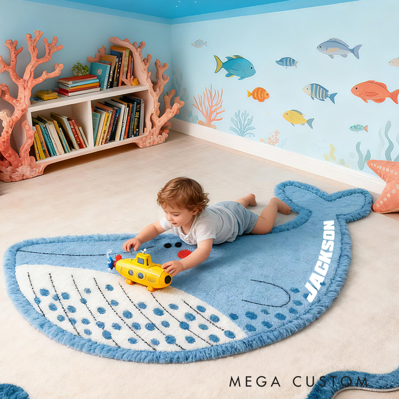 Personalized Whale Ocean Custom Name Soft Decorative Gift Underwater Sea Style Cozy Bedroom Blue Waves Cute Marine Animal Playful Baby Room Graphic Carpet Rug for Kids