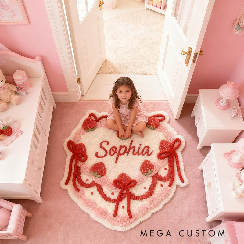 Personalized Strawberry Cake Custom Name Soft Decorative Gift Sweet Dessert Style Cozy Nursery Pink Red Ribbon Lovely Cute Baby Room Playtime Graphic Carpet Rug for Kids