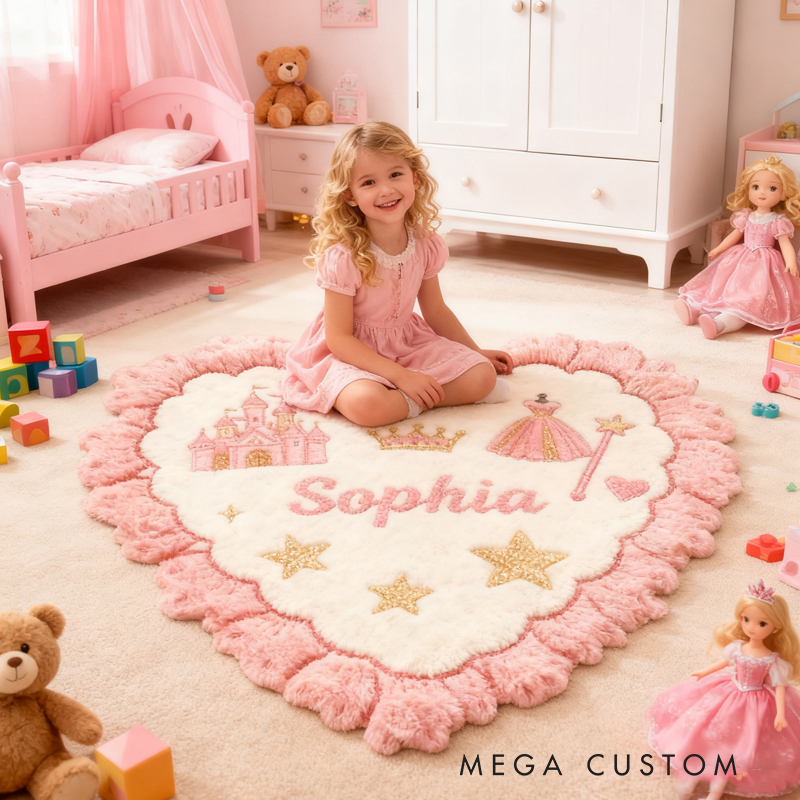 Personalized Princess Heart Custom Name Soft Decorative Gift Magical Castle Style Cozy Nursery Pink Crown Star Dress Lovely Fairy Tale Room Graphic Carpet Rug for Kids